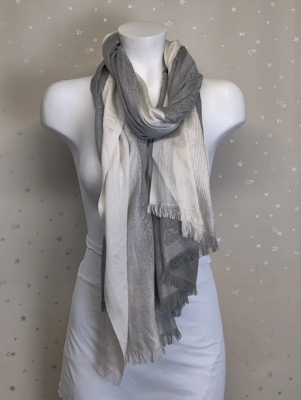 Oversized Scarf Shawl Wrap Gray, Ivory Silky Lightweight Soft Fringe 40 x 79 NWT